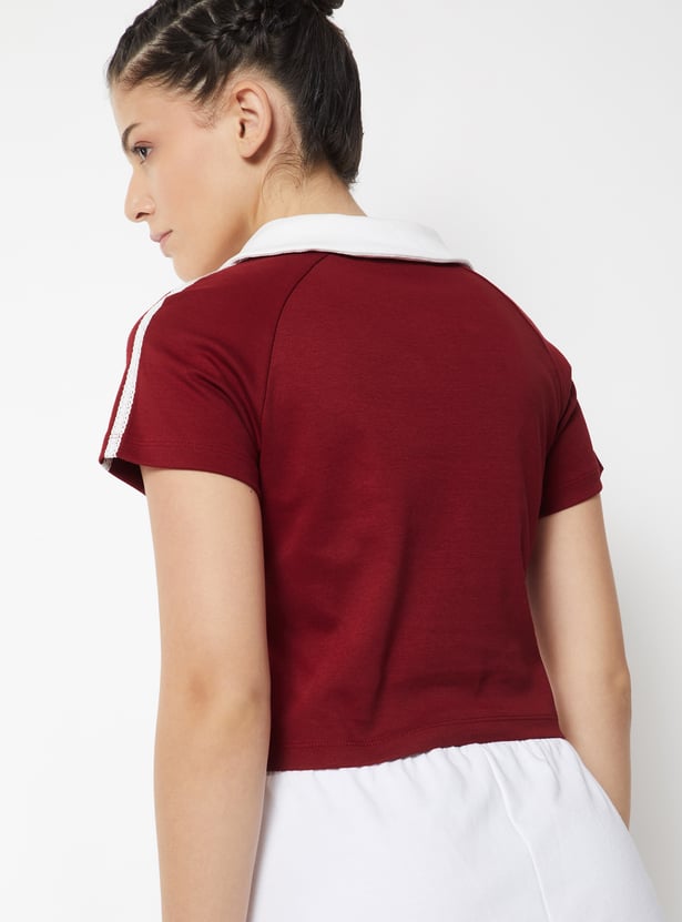 Women Striped Johnny Collar T-shirt