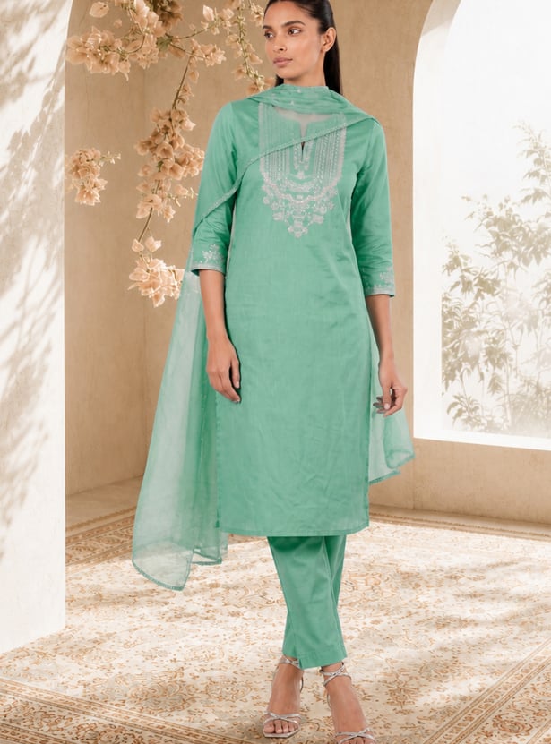 A-Line Embroidered Kurta Set with Dupatta