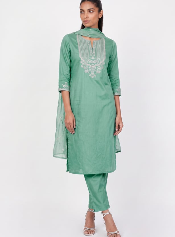 A-Line Embroidered Kurta Set with Dupatta