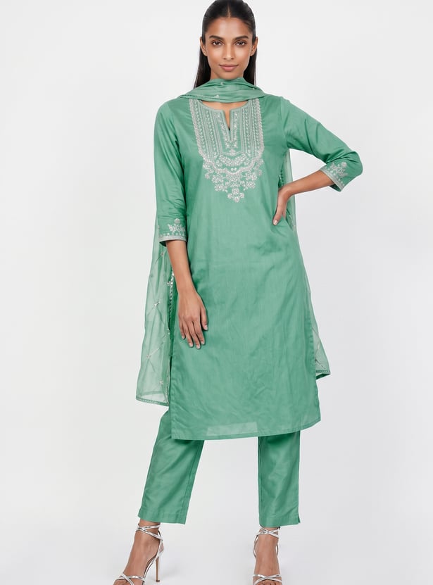 A-Line Embroidered Kurta Set with Dupatta