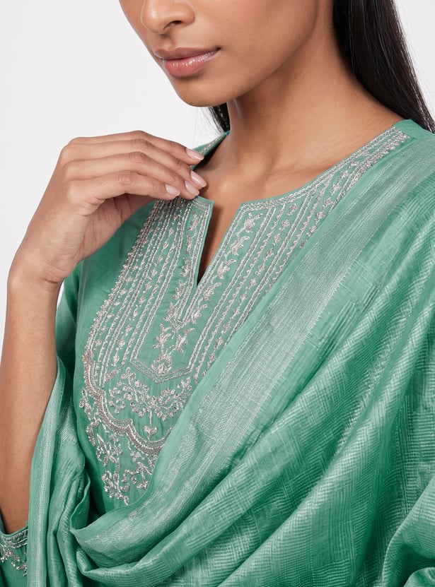 A-Line Embroidered Kurta Set with Dupatta