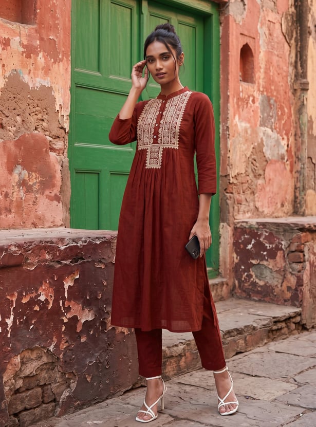 Women Embroidered Straight Kurta Set