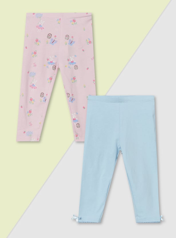 Girls Printed and Solid Leggings - Pack of 2
