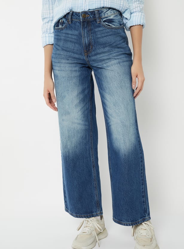 Women Wide-Leg Mid-Wash Jeans