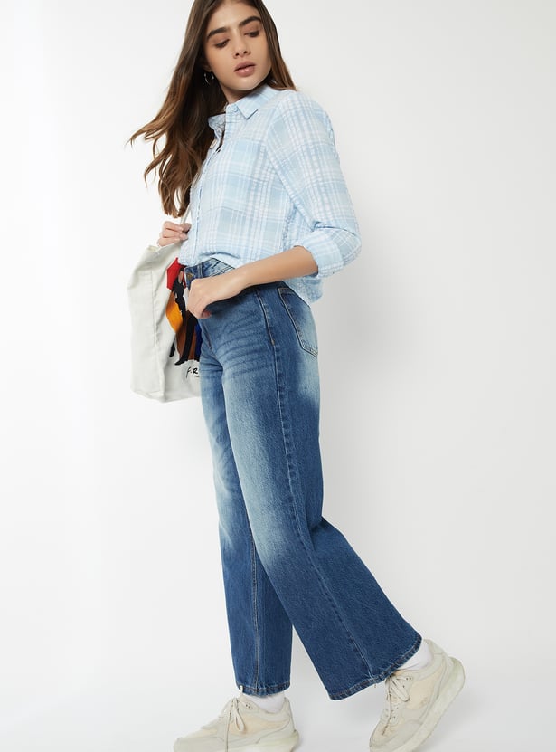 Women Wide-Leg Mid-Wash Jeans