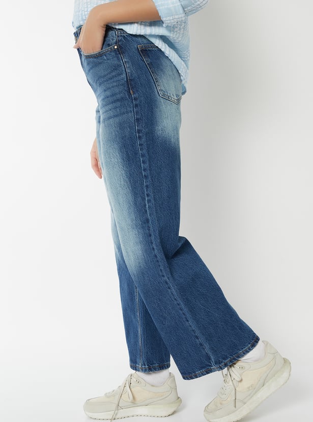 Women Wide-Leg Mid-Wash Jeans