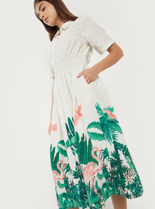 Women Floral Print Shirt Dress