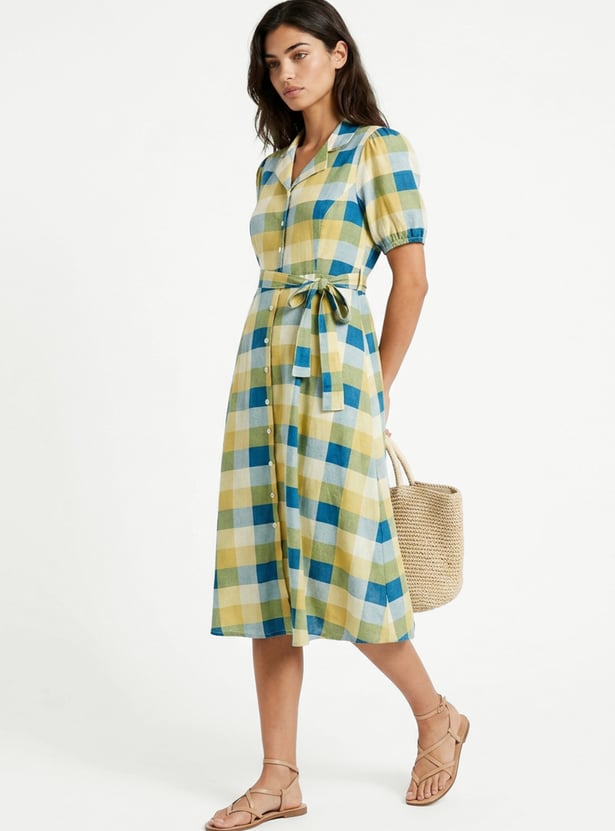 Women Checked Belted Shirt Dress
