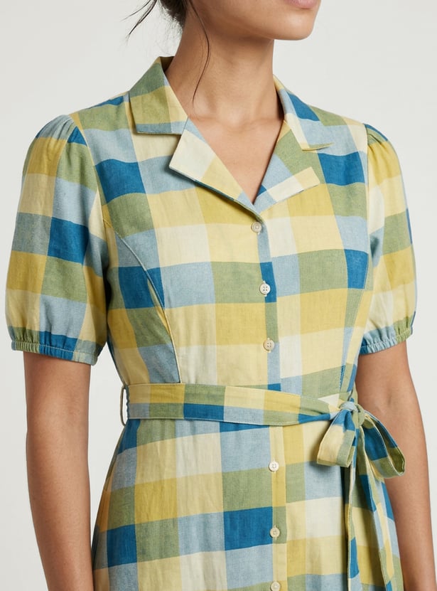Women Checked Belted Shirt Dress