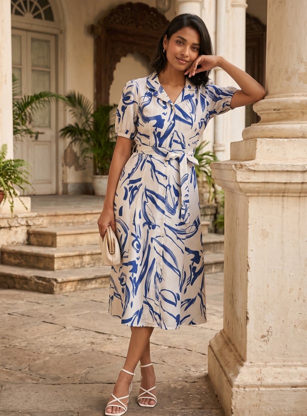 Women Printed Belted Midi Dress