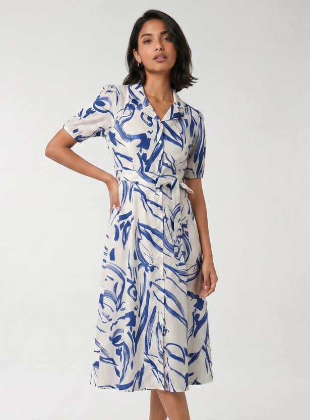 Women Printed Belted Midi Dress