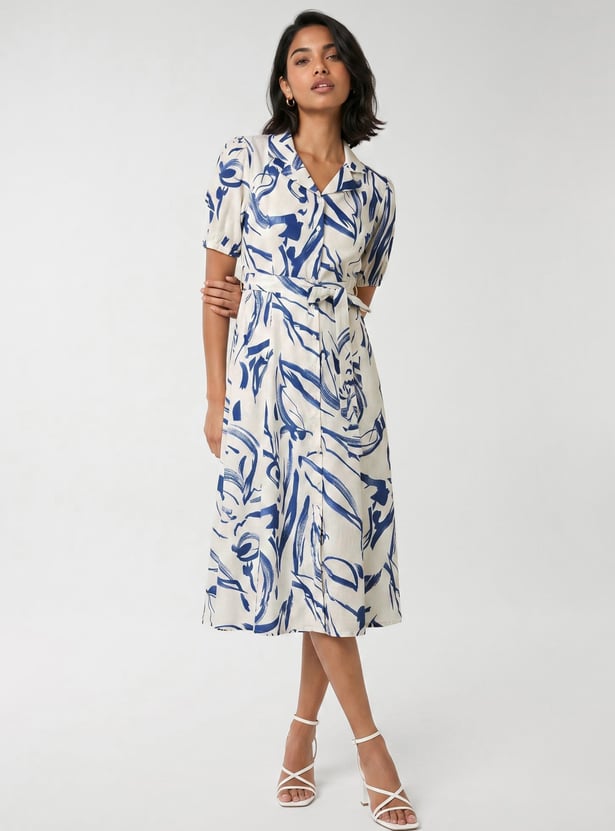 Women Printed Belted Midi Dress