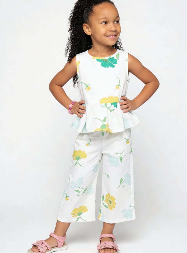 Girls Floral Print Trousers Set