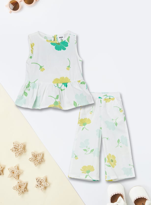 Girls Floral Print Trousers Set