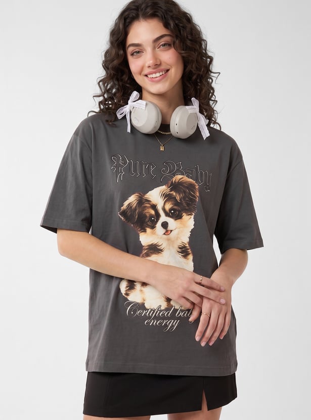URB_N Women Oversized Puppy Printed T-shirt