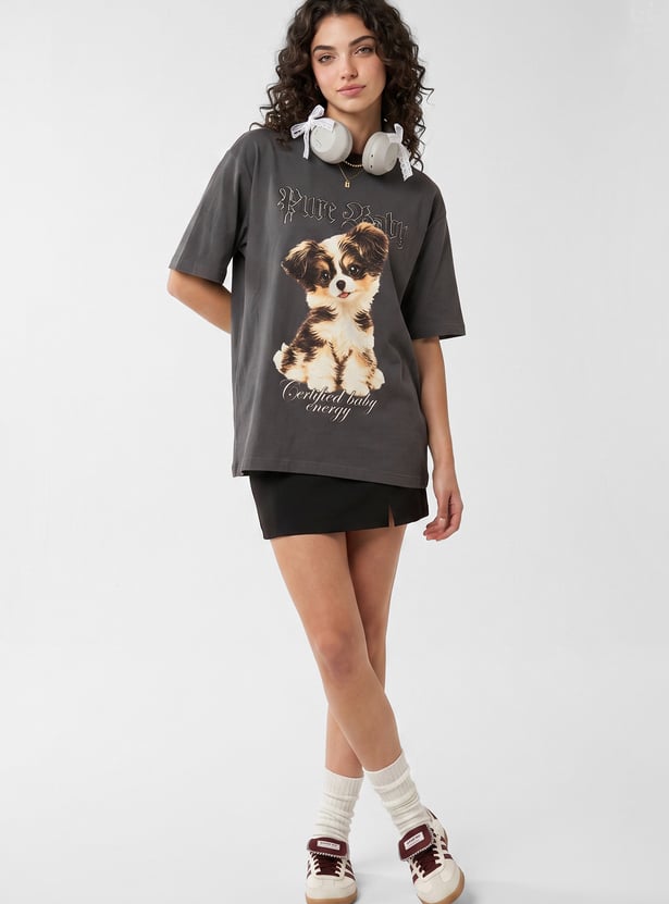 URB_N Women Oversized Puppy Printed T-shirt