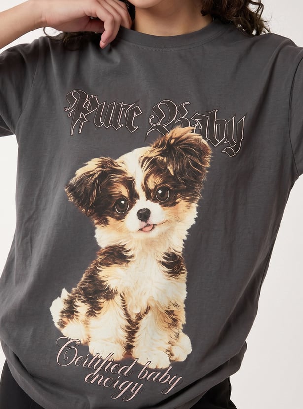 URB_N Women Oversized Puppy Printed T-shirt