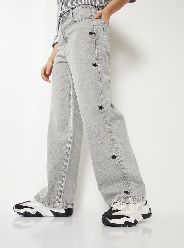 Women Embroidered Wide Leg Jeans