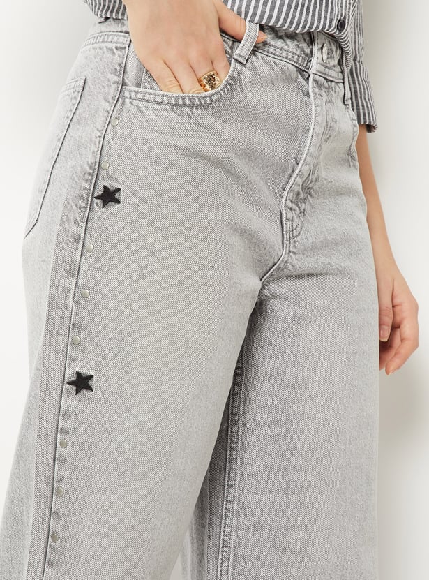Women Embroidered Wide Leg Jeans
