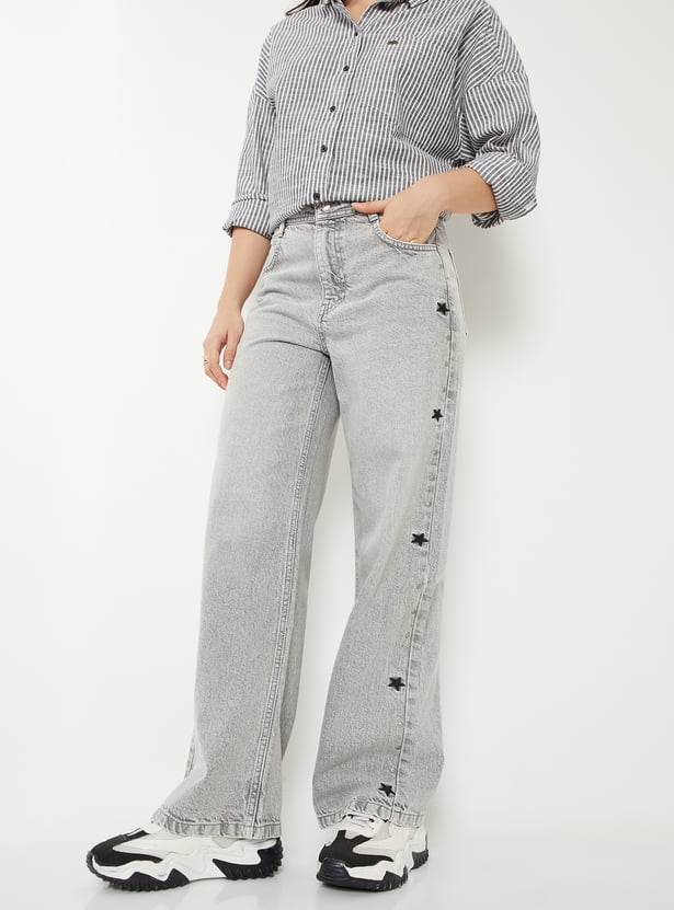 Women Embroidered Wide Leg Jeans