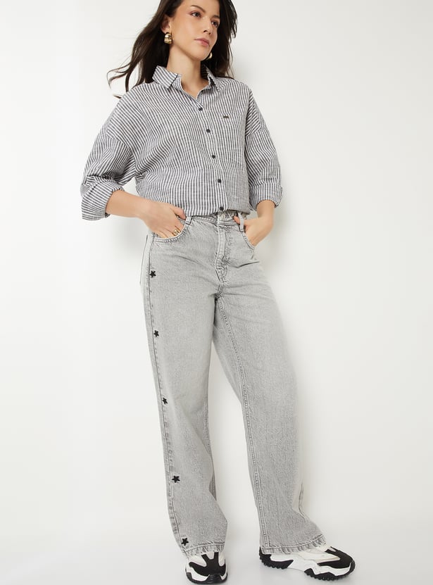 Women Embroidered Wide Leg Jeans