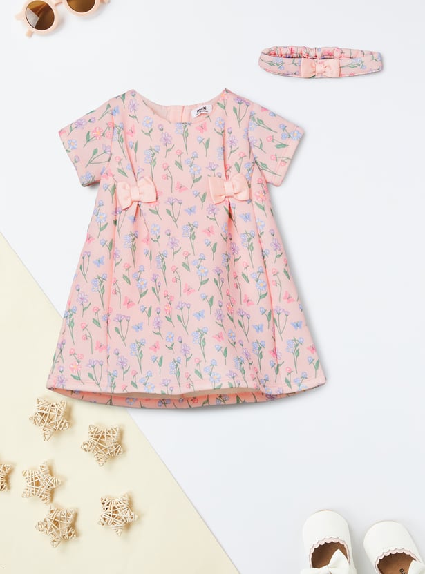 Girls Floral Printed Dress with Headband