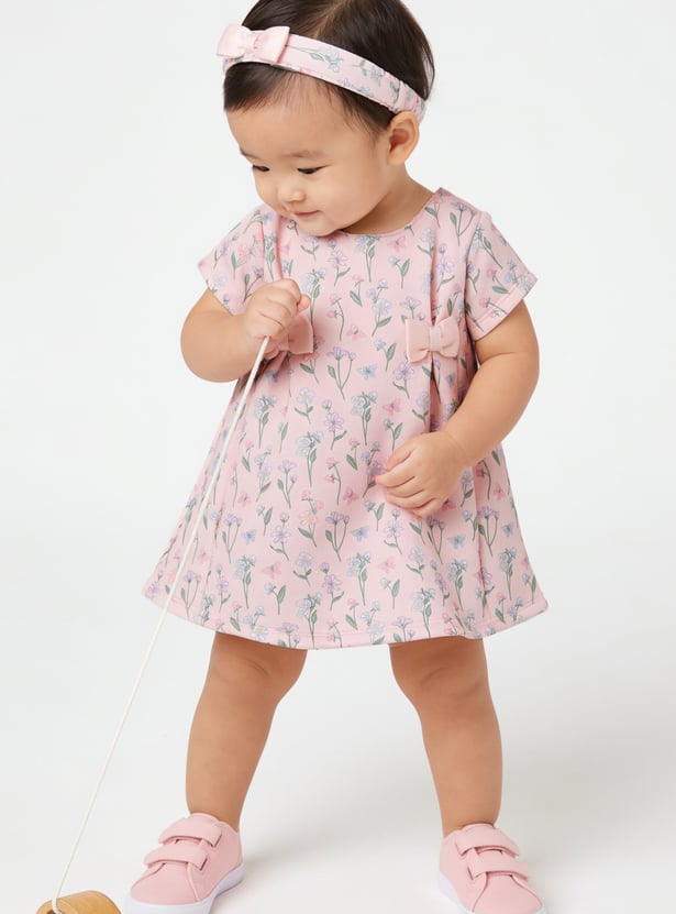 Girls Floral Printed Dress with Headband