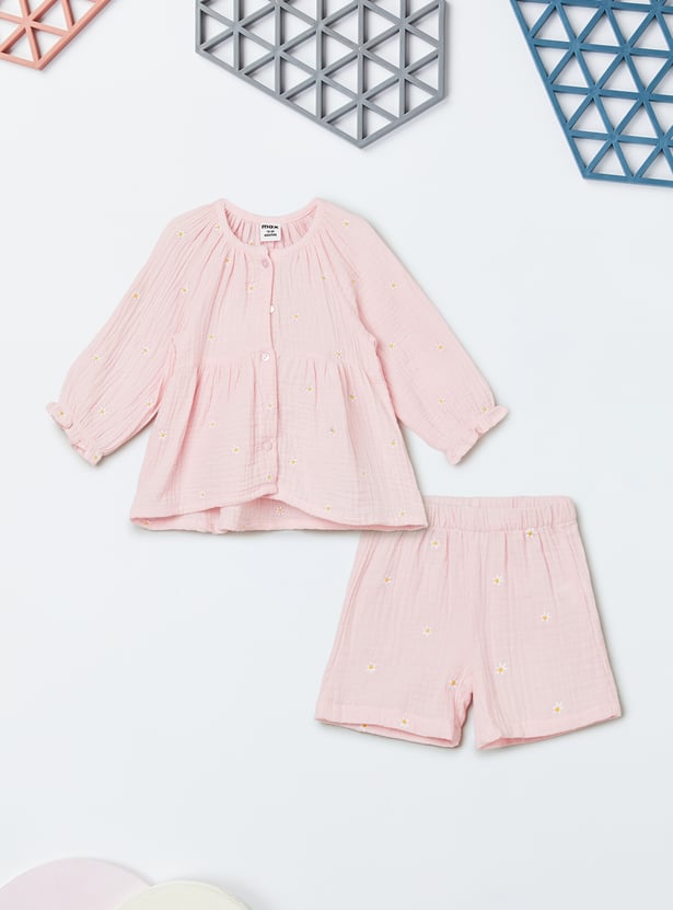 Girls Floral Embroidered Shorts Set