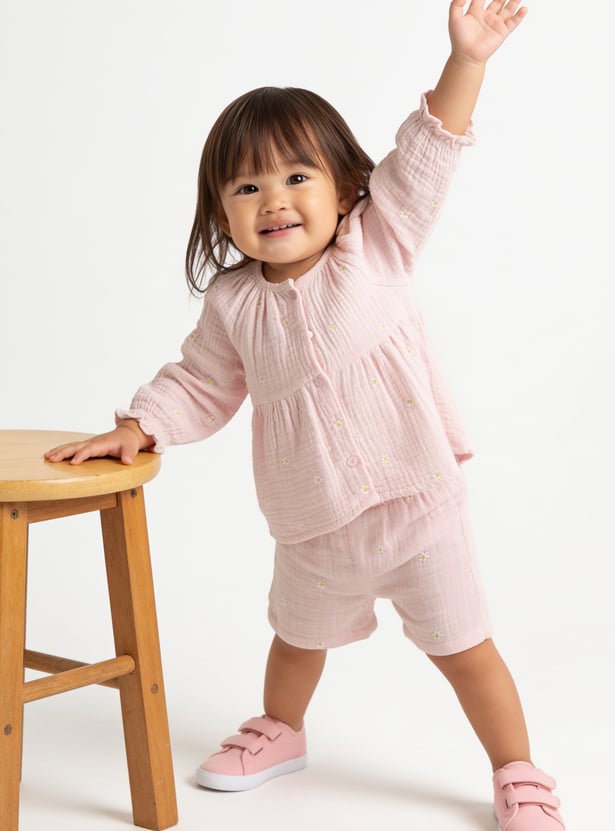 Girls Floral Embroidered Shorts Set