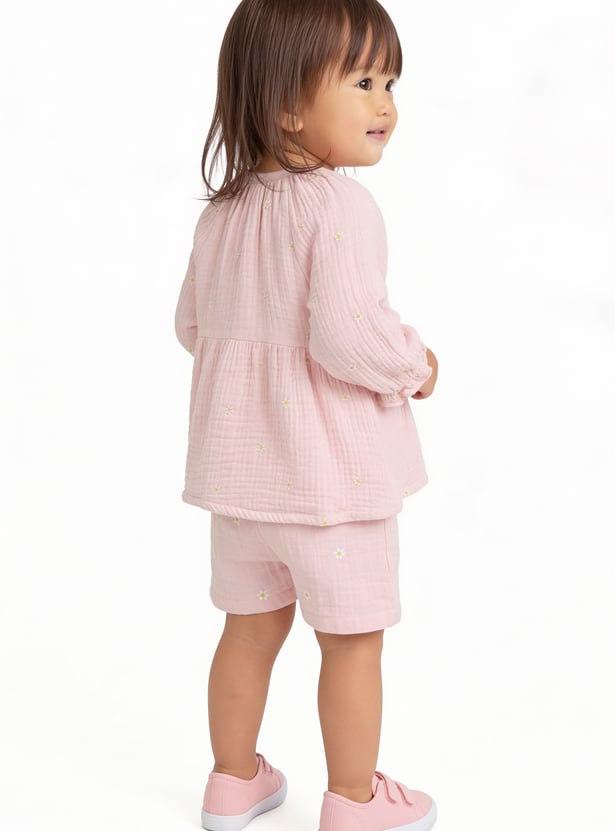 Girls Floral Embroidered Shorts Set