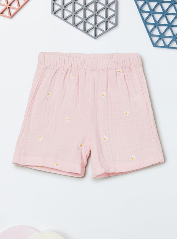 Girls Floral Embroidered Shorts Set
