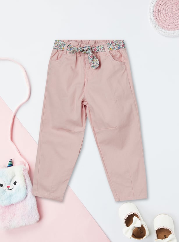 Girls Mom-Fit Trousers with Floral-Print Belt