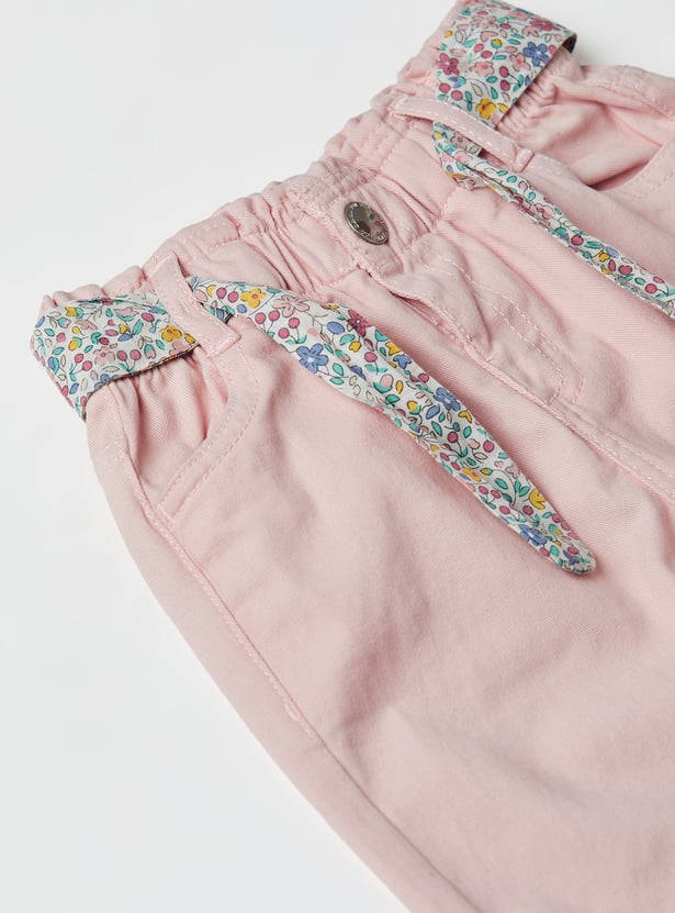 Girls Mom-Fit Trousers with Floral-Print Belt