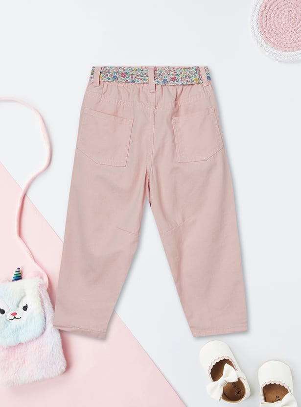 Girls Mom-Fit Trousers with Floral-Print Belt