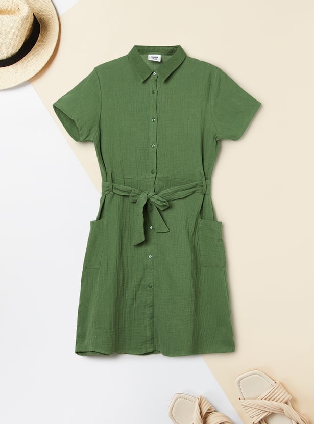 Girls Solid Shirt Dress with Belt