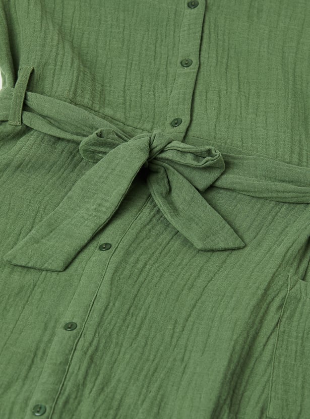 Girls Solid Shirt Dress with Belt