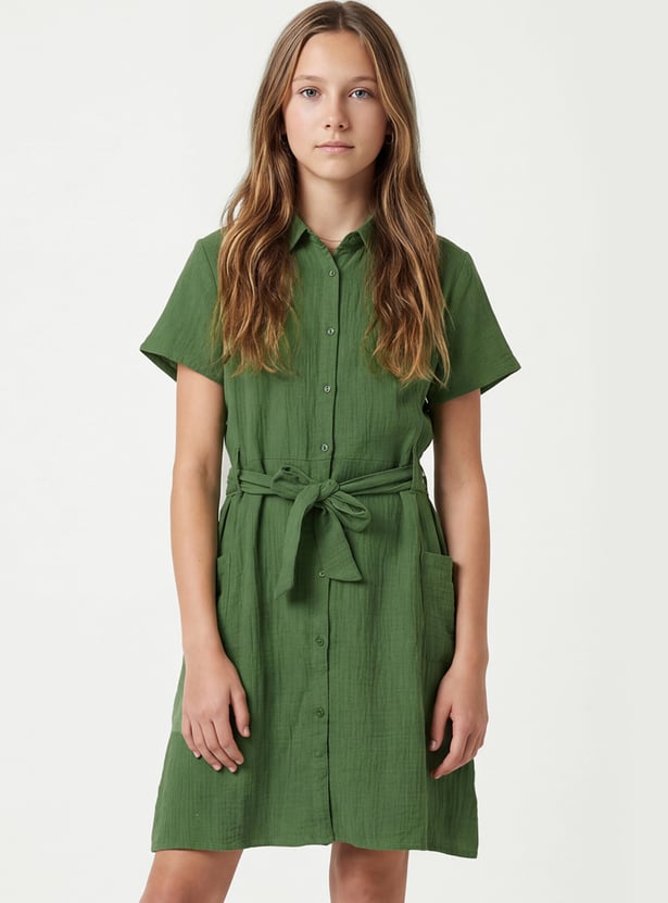 Girls Solid Shirt Dress with Belt
