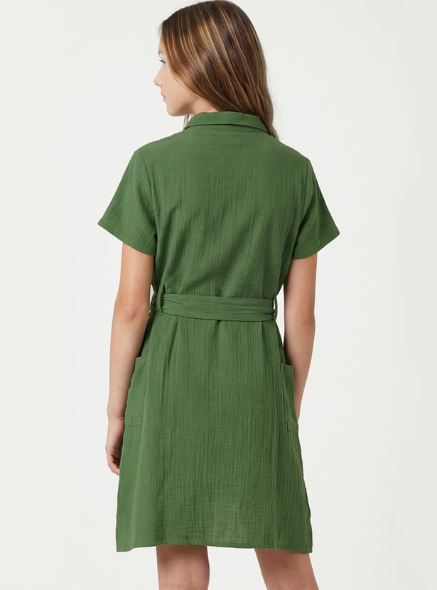 Girls Solid Shirt Dress with Belt