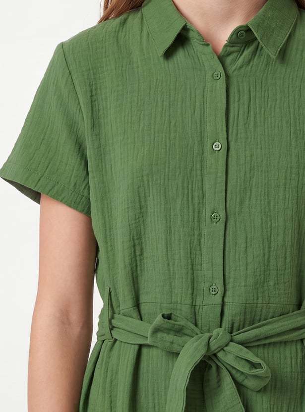 Girls Solid Shirt Dress with Belt