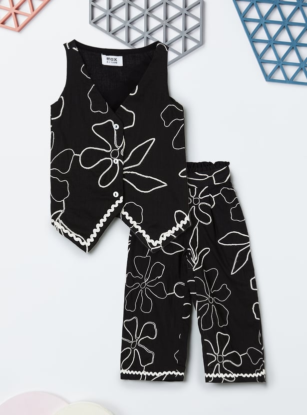 Girls Floral Embroidered Top and Trousers Set