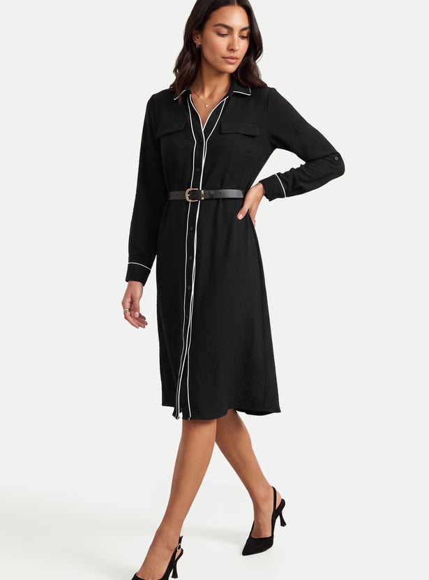 Women Solid Belted Shirt Dress