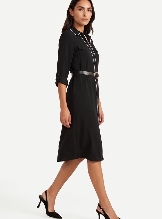 Women Solid Belted Shirt Dress