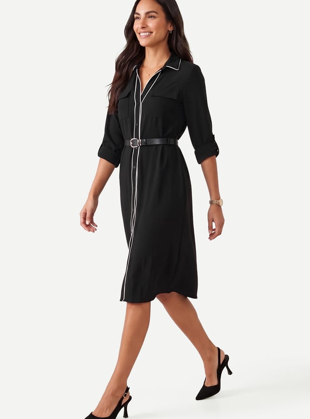 Women Solid Belted Shirt Dress