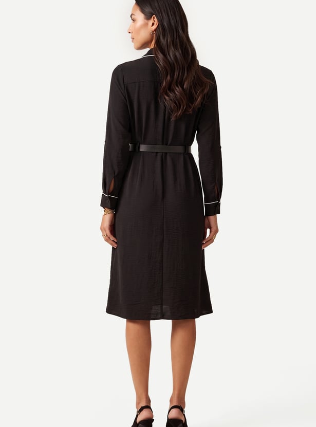 Women Solid Belted Shirt Dress
