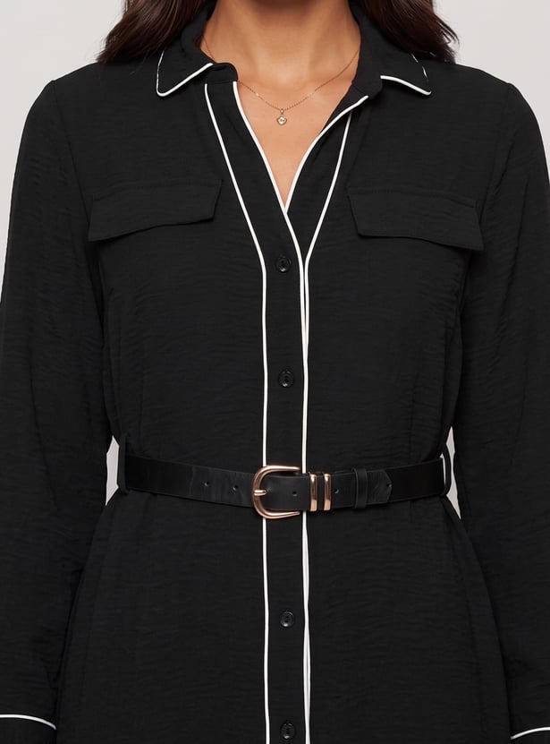Women Solid Belted Shirt Dress