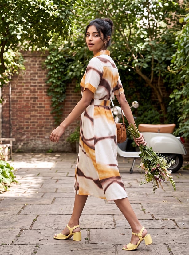 Women Printed Midi Dress with Belt