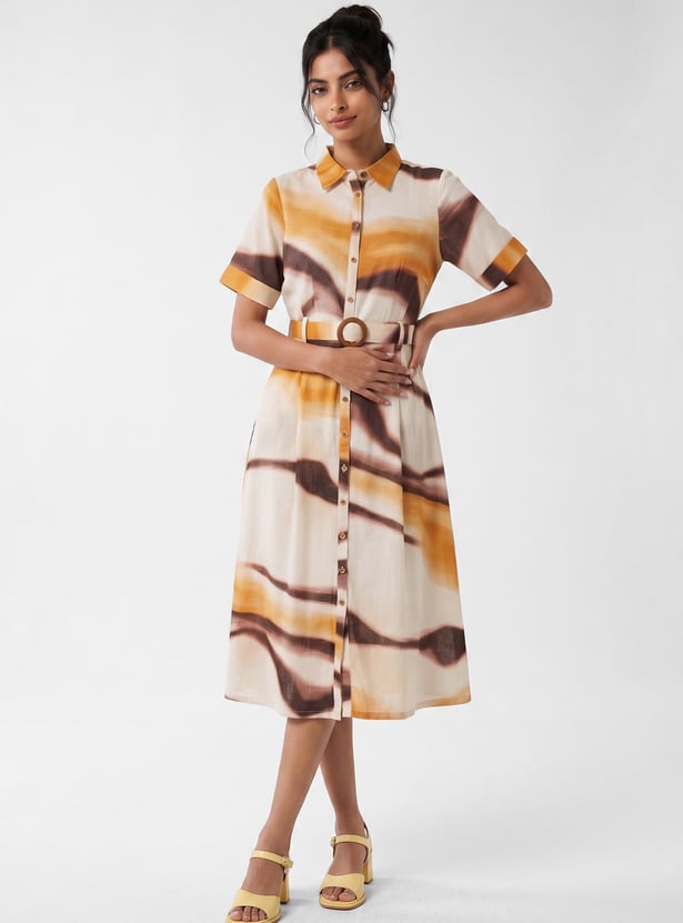 Women Printed Midi Dress with Belt