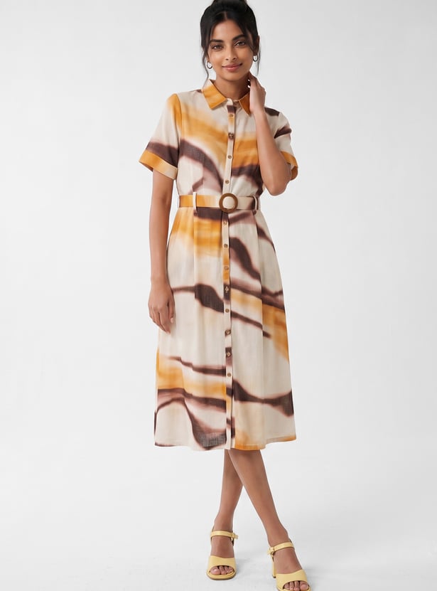 Women Printed Midi Dress with Belt