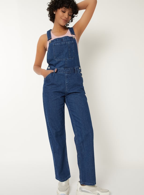Women Solid Denim Dungarees