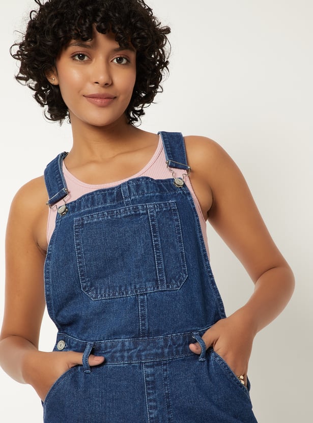 Women Solid Denim Dungarees